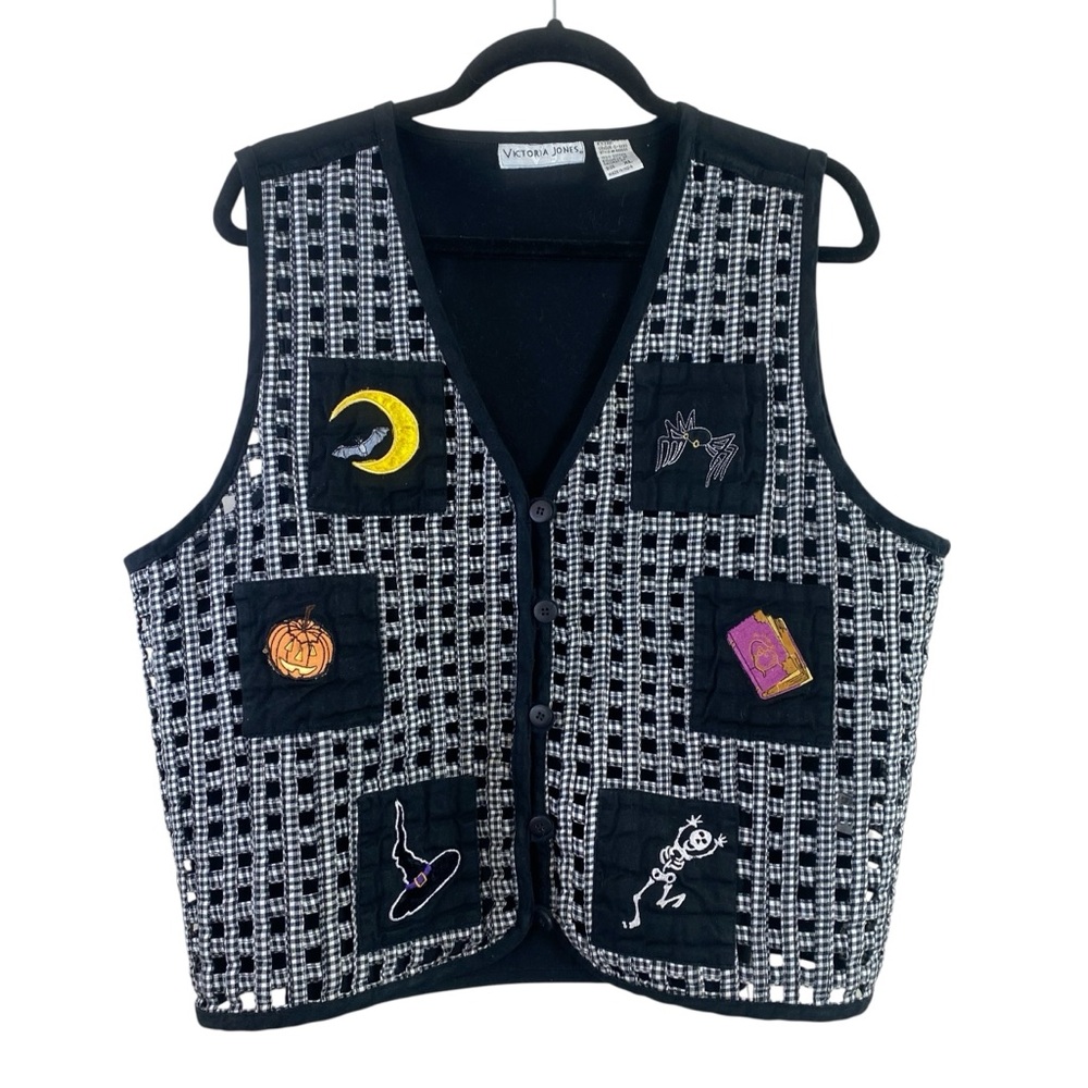 Victoria Jones Women’s Black and White Halloween Basketweave‎ Gingham Vest Sz XL